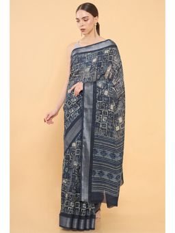 Soch - Women Navy Blue Chanderi Printed Saree with Unstitched Blouse
