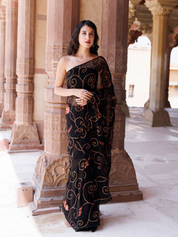 Geroo Luxe - Black Hand embroidered sequins jaal chiffon saree