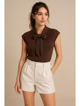 Belliskey - Womens Brown Polyester Sleeveless Tied-Neck Top