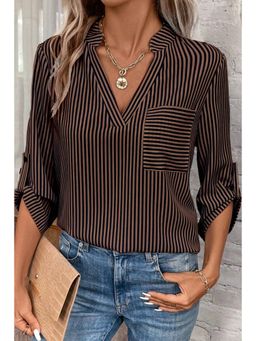 Errabelly - Brown Stripe V Neck Roll Up Sleeve Pocket Patched Classic Top