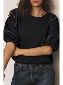 Errabelly - Black Contrast Stitches Detail Puffy Half Sleeve Top