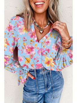 Errabelly - Sky Blue Floral Smocked Cuff Flounce Sleeve V Neck Top
