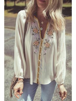 Errabelly - White Floral Embroidered Textured Full Sleeve Loose Top