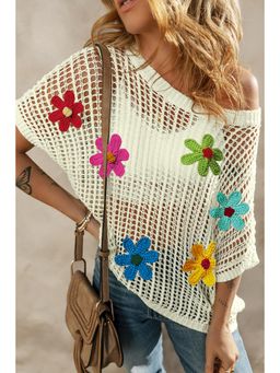 Errabelly - White Crochet Flower Hollow-out Sweater Top