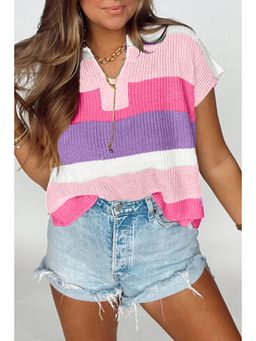 Errabelly - Multi-Color Color Block Notch V Neck Sweater Top