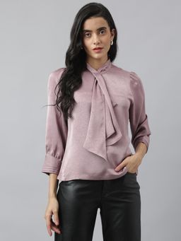 Latin Quarters - Womens Pink Solid Tie-Up Neck Casual Regular Top