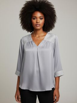 Qurvii - Grey Silk V-Neck Top With Brocade Detailing - Grey