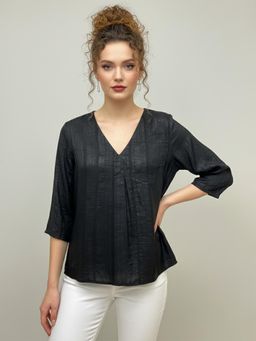 Qurvii - Black Front Pleated Silk Top - Black