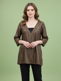 Qurvii - Silk Olive A-Line Top With Sequin Embellishment - Olive