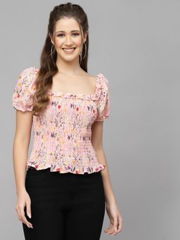 Mafadeny - Floral Print Smocked Crop Top with Puff Sleeves - Pink