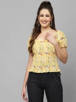 Mafadeny - Floral Print Smocked Crop Top with Puff Sleeves - Yellow