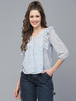 Mafadeny - Womens Floral Printed V-Neck Top with Ruffle Detail - Blue