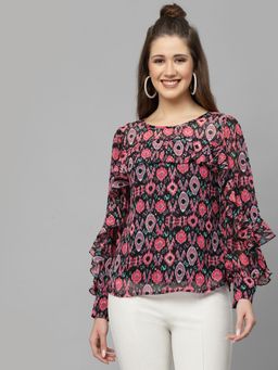 Mafadeny - Womens Printed Ruffle Detail Long Sleeve Top - Multi-Color