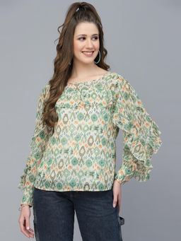 Mafadeny - Womens Printed Ruffle Detail Long Sleeve Top - Green