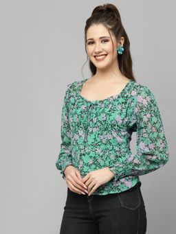 Mafadeny - Elegant Floral Top with Square Neckline and Full Sleeves - Green