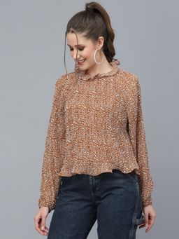 Mafadeny - Womens Ruffle Neck Printed Long Sleeve Top - Brown