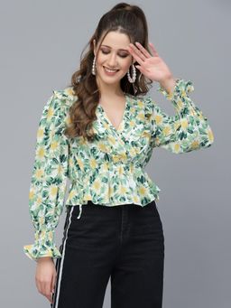 Mafadeny - Printed Long Sleeve Top with Tie-Up Waist - Green