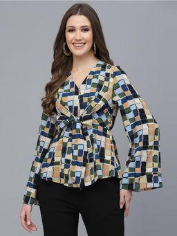 Mafadeny - Printed Peplum Style Top with Front Tie and V-Neck - Multi-Color