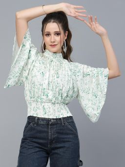 Mafadeny - Womens Stylish Crop Top with Flared Sleeves - Green