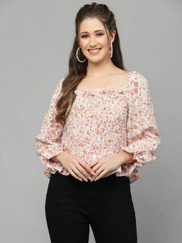 Mafadeny - Womens Printed Peplum Crop Top with Square Neck - Peach