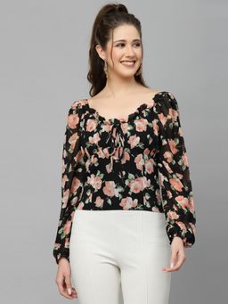 Mafadeny - Womens Floral Crop Top with Square Neck and Long Sleeves - Black