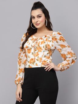 Mafadeny - Womens Floral Crop Top with Square Neck and Long Sleeves - Mustard