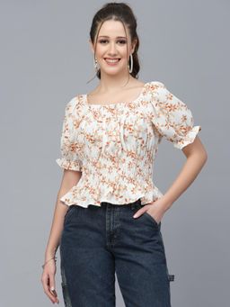 Mafadeny - Womens Floral Printed Top with Elastic Fit - Rust