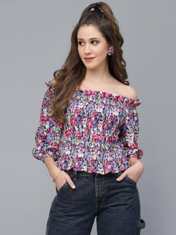 Mafadeny - Womens Floral Printed Off-Shoulder Crop Top - Multi-Color