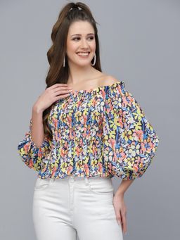Mafadeny - Womens Floral Printed Off-Shoulder Crop Top - Multi-Color