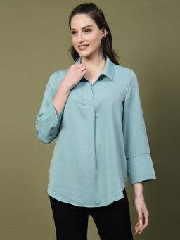 Mafadeny - Womens Solid Collared 3/4 Sleeve Top - Green