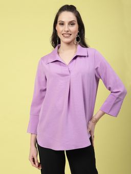 Mafadeny - Womens Solid Collared 3/4 Sleeve Top - Purple