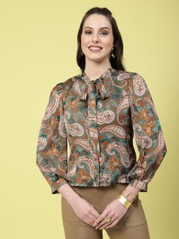 Mafadeny - Womens Floral Neck Pleated Front Top - Brown