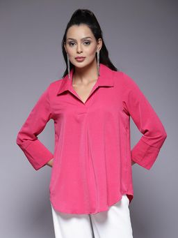 Mafadeny - Womens Solid Neck Pleated Front Top - Pink