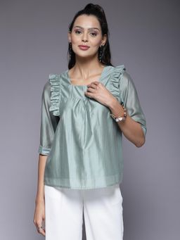 Mafadeny - Ruffle Detail Top with Square Neckline - Green