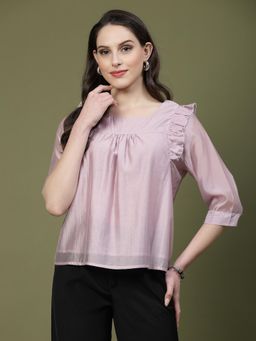 Mafadeny - Ruffle Detail Top with Square Neckline - Purple