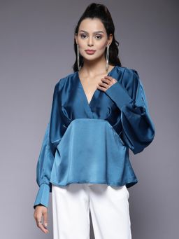 Mafadeny - Womens Satin Top with Deep V-Neck and Balloon Sleeves - Teal