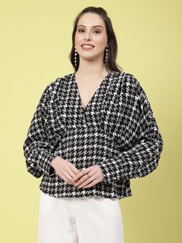 Mafadeny - Womens Printed Satin V-Neck Top - Black