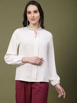 Mafadeny - Womens Houndstooth Full Sleeve Top - White