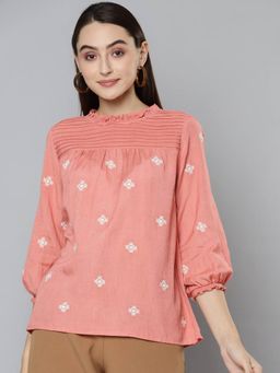 Scoup - Peach Pintuck Detail Embroidered Top - Peach