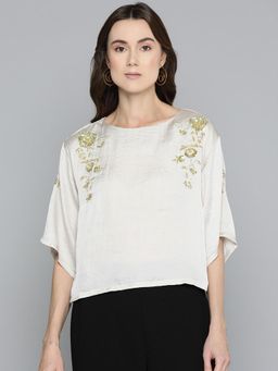 Scoup - Floral Embellished Flared Sleeve Sequinned Satin Top - Grey