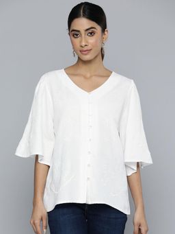 Scoup - White V-Neckline Embroidered Top With Bell Sleeves - White