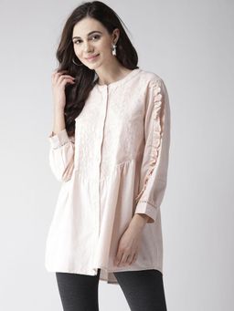 Scoup - Dusty Pink Embroidered Tunic Top with Frill Detail on Sleeves - Pink
