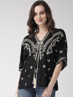 Scoup - Black and Off-White Embroidered Tie-Up Shrug - Black