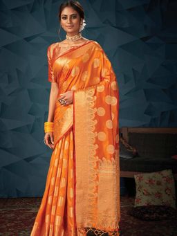 Odette - Womens Orange Silk Blend Printed Saree with Unstitched Blouse