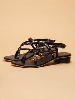 ERIDANI - Women Navira Black Studded Strappy Sandal Heels