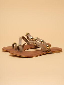 ERIDANI - Women Riella Beige Studded Flats with Toe Loop