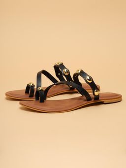 ERIDANI - Women Riella Black Studded Flats with Toe Loop