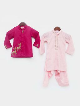 Fayon Kids - Hot Pink Jacket With Baby Pink Kurta And Salwar