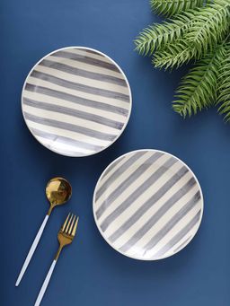 VarEesha - Grey Striped White Quarter Plates (Pack of 2)