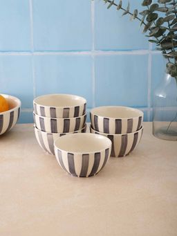 VarEesha - Grey Striped White Veg Bowls (Pack of 6)